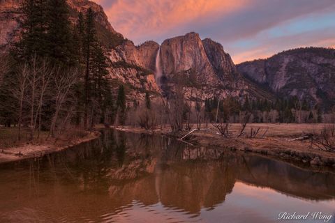 Yosemite Falls and Merced River at Sunrise From Swinging Bridge, Yosemite National Park, California