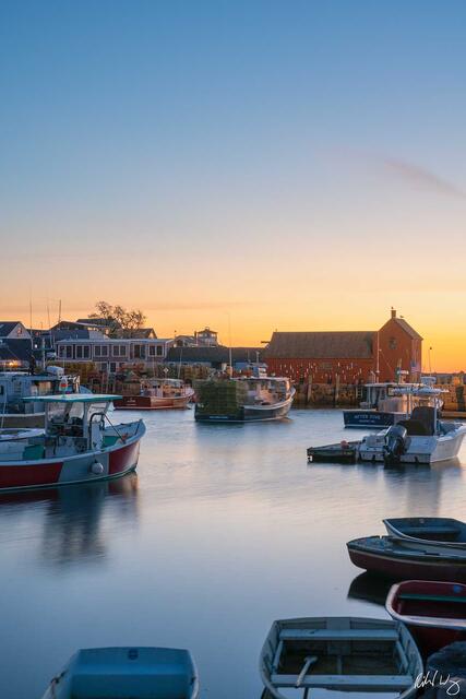 Bradley Wharf at Sunrise with Motif Number 1 in the Background, Rockport, Massachusetts, photo