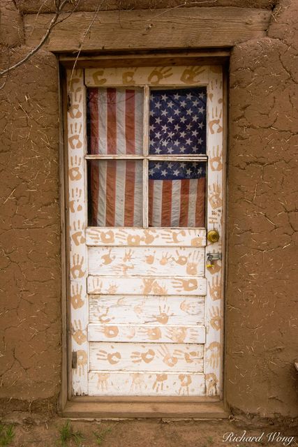 U.S. Flag Hanging on Door, Taos Pueblo, New Mexico