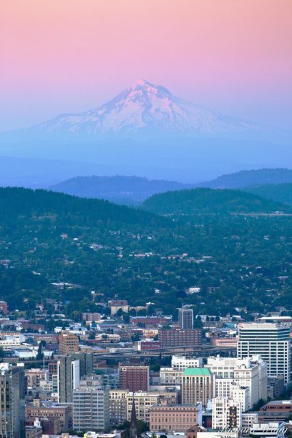 Downtown Portland with Mount Hood in Background at Sunset, Portland, Oregon, photo