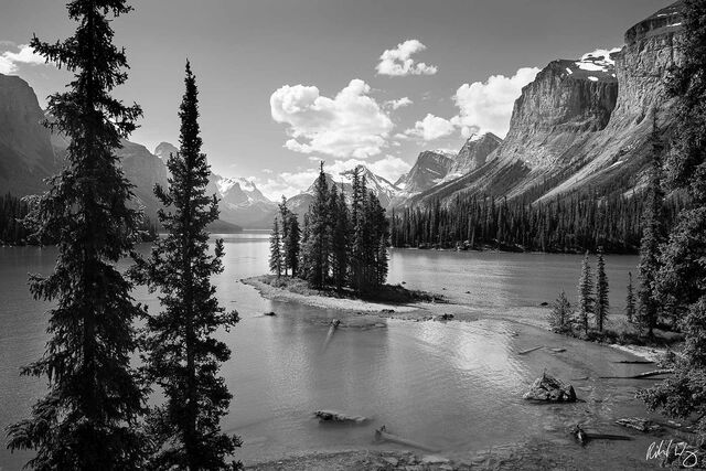 Black and White Photo: Spirit Island Overlook at Maligne Lake, Jasper National Park, Alberta, Canada