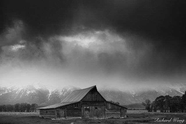 Mormon Row Barn Stormy Sunrise Black & White, Grand Teton National Park, Wyoming