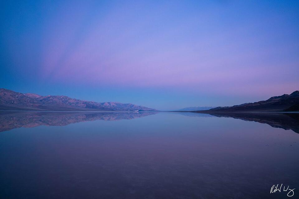 Anticrepuscular Rays Over Lake Manly at Dawn, Death Valley National Park, California, photo