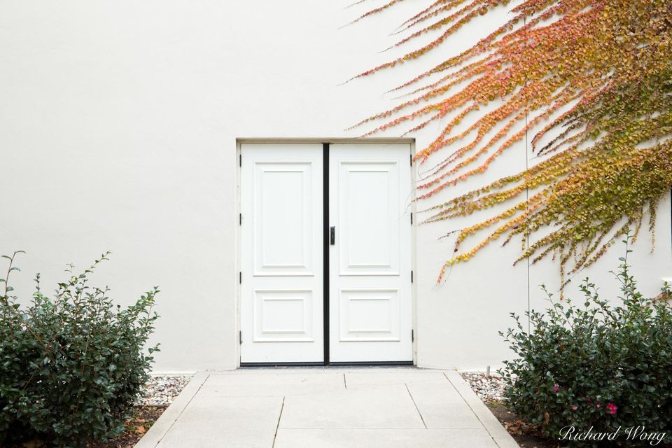 Double White Doors with Fall Foliage Ivy at Virginia Steele Scott Galleries of American Art / The Huntington Library and Botanical Gardens, San Marino, Californ