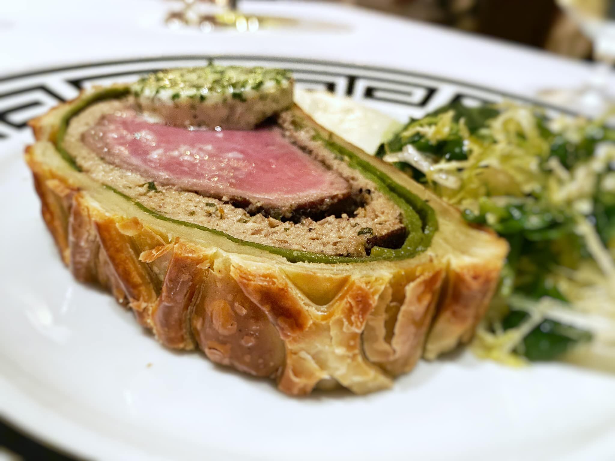 Beef Wellington with creamed spinach and Robuchon’s potatoes