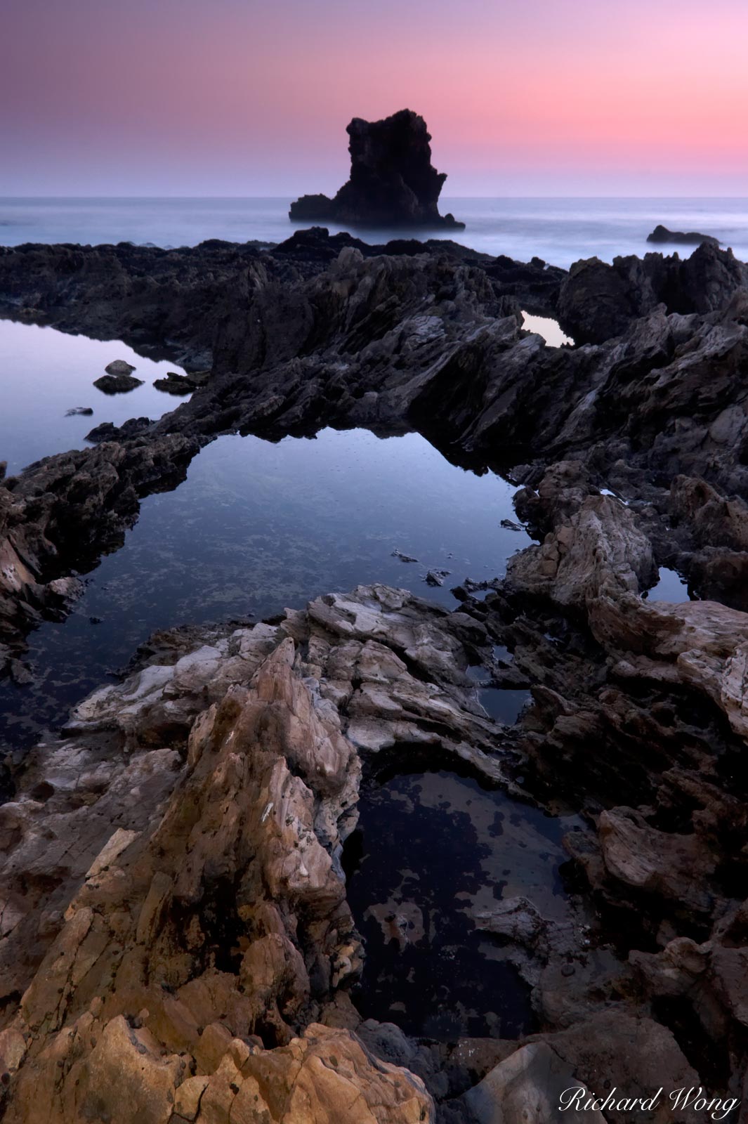 Low Tide and Sea Stack at Dusk, Corona Del Mar, California, photo