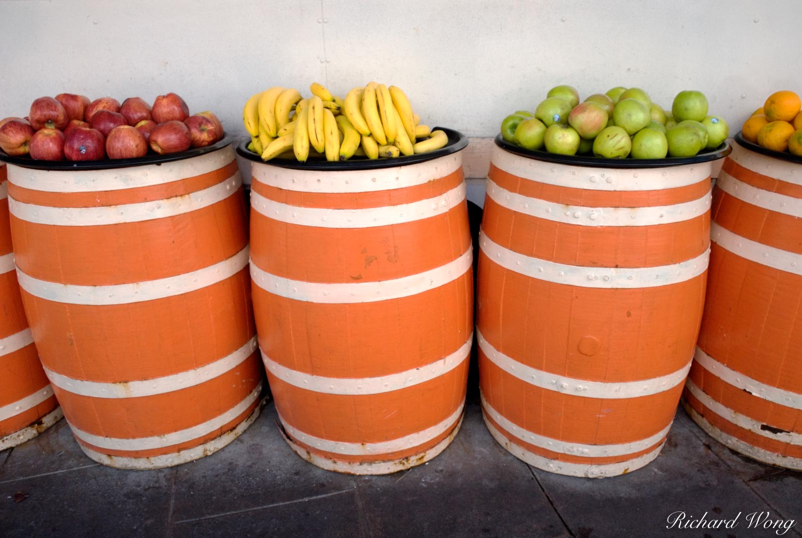 California, Fruits on Barrels at Olvera Street, L.A., colors, fruit, los angeles, market, markets, snack stand, vendor stall, photo