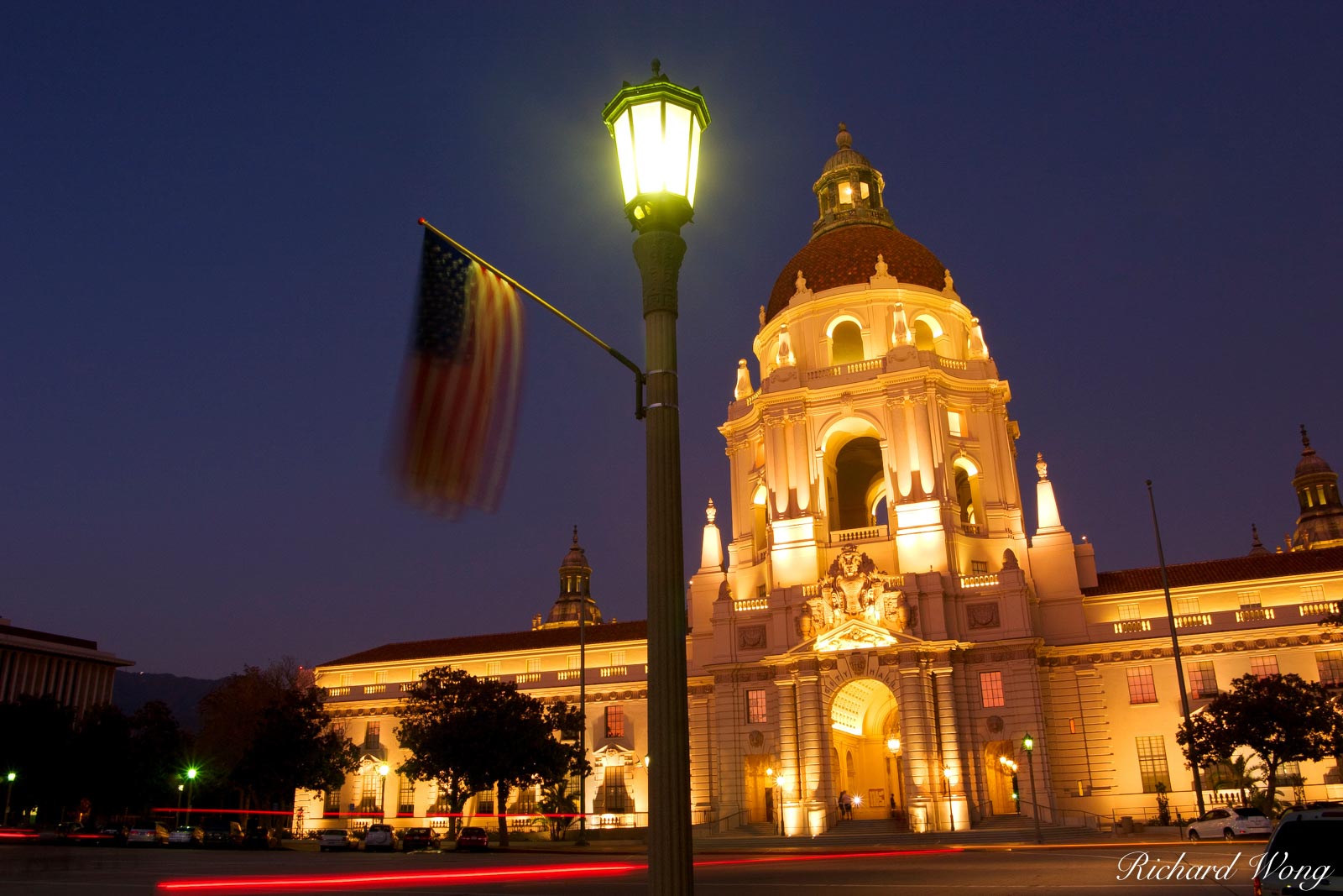 U.S. Flag Hanging on Lamppost in Front of City Hall for Labor Day, Pasadena, California