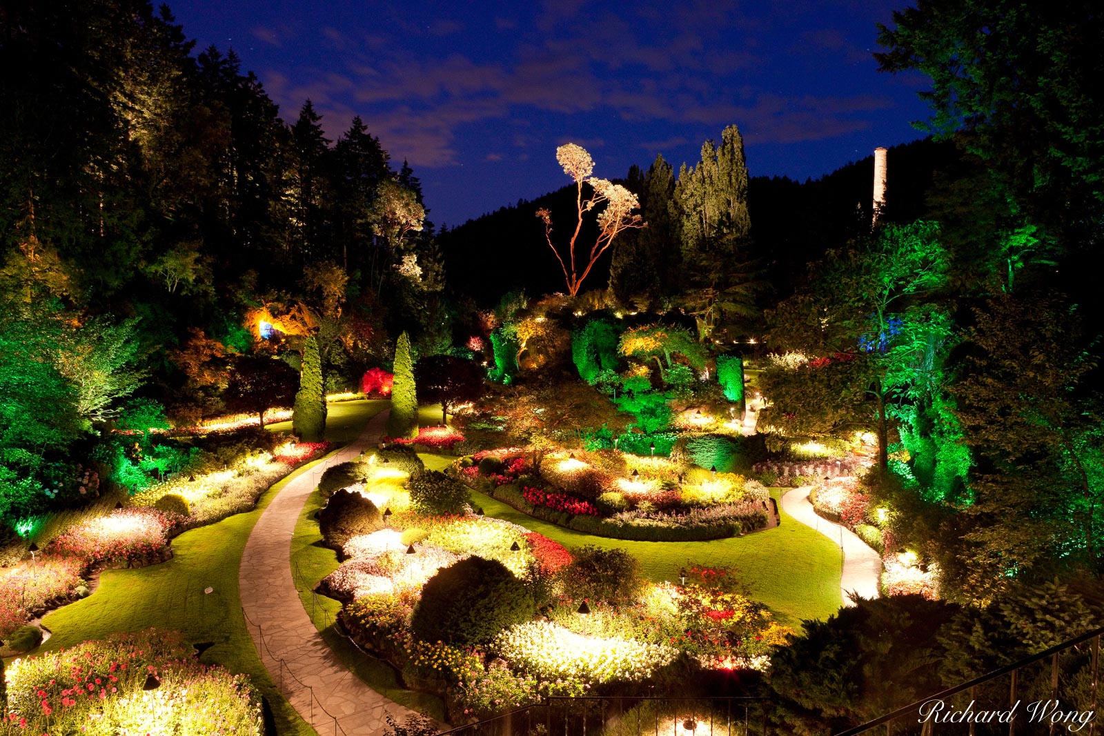 Sunken Garden Overlook Night View at the Butchart Gardens, Brentwood Bay, Vancouver Island, B.C.