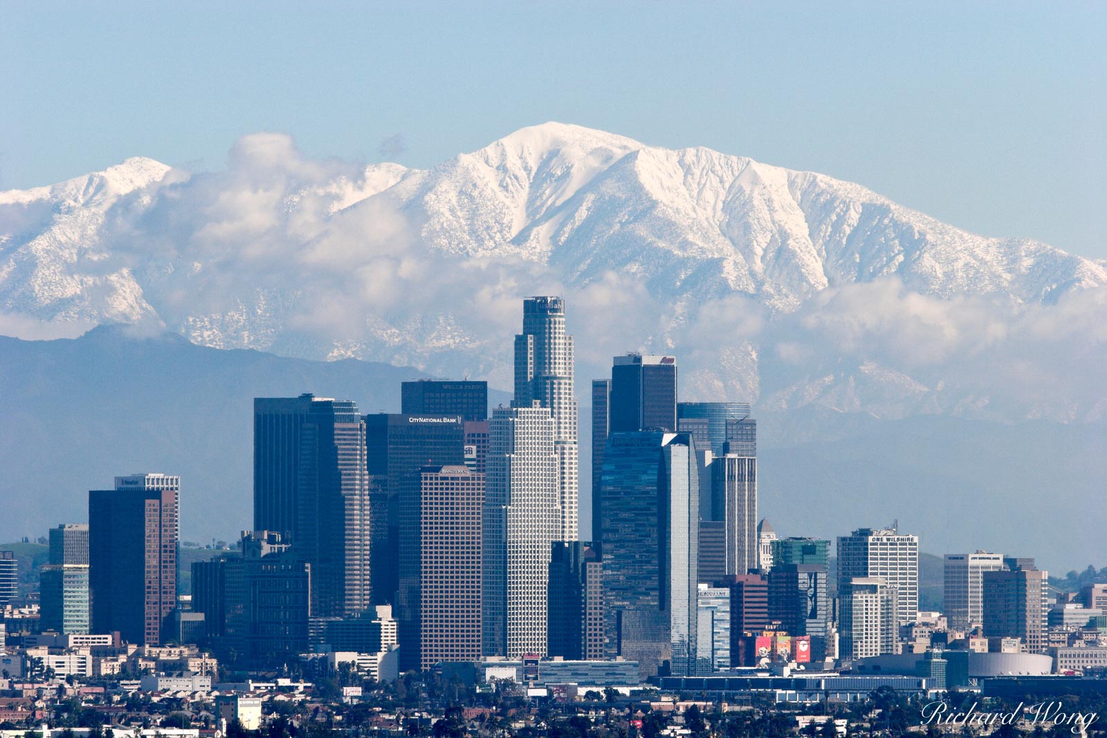 Los Angeles Skyline with Snowy Mount Baldy in Background, California, photo