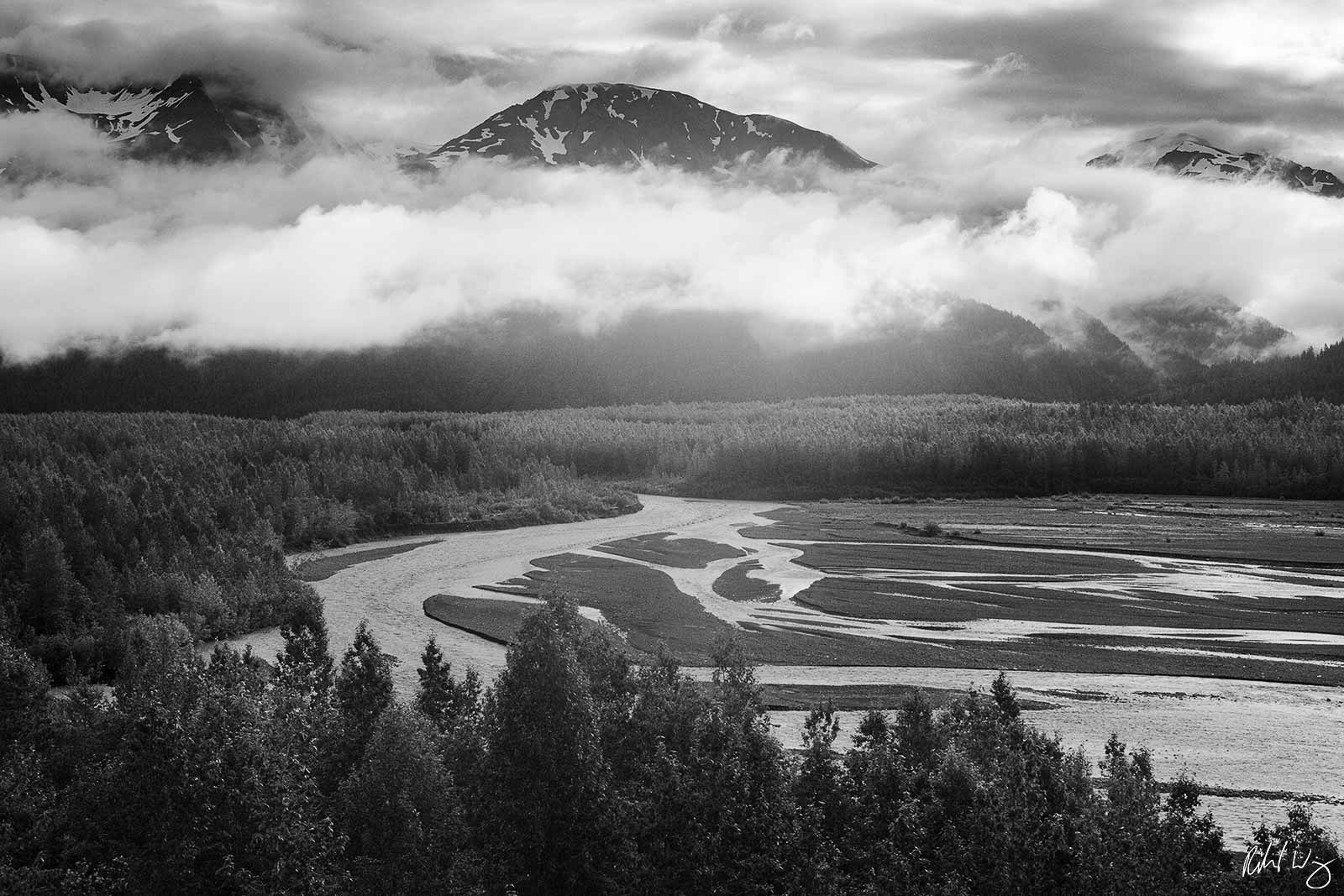 Black and White Photo: Resurrection River Scenic Vista From Exit Glacier Trail, Kenai Fjords National Park, Alaska