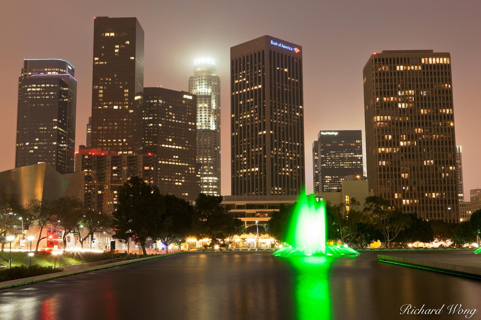 LADWP Water Fountain and Downtown Skyline at Night, Los Angeles, California, photo