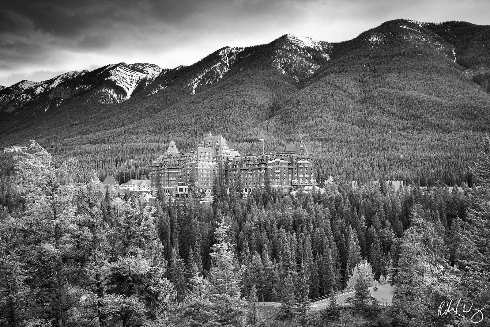 Black and White Photo: Fairmont Banff Hot Springs Resort, Banff, Alberta, Canada