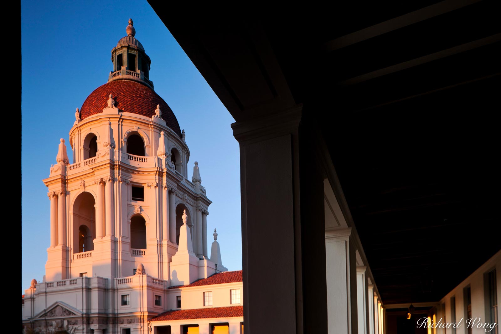 Sunrise Alpenglow on Italian Renaissance-style Dome of Pasadena City Hall, California
