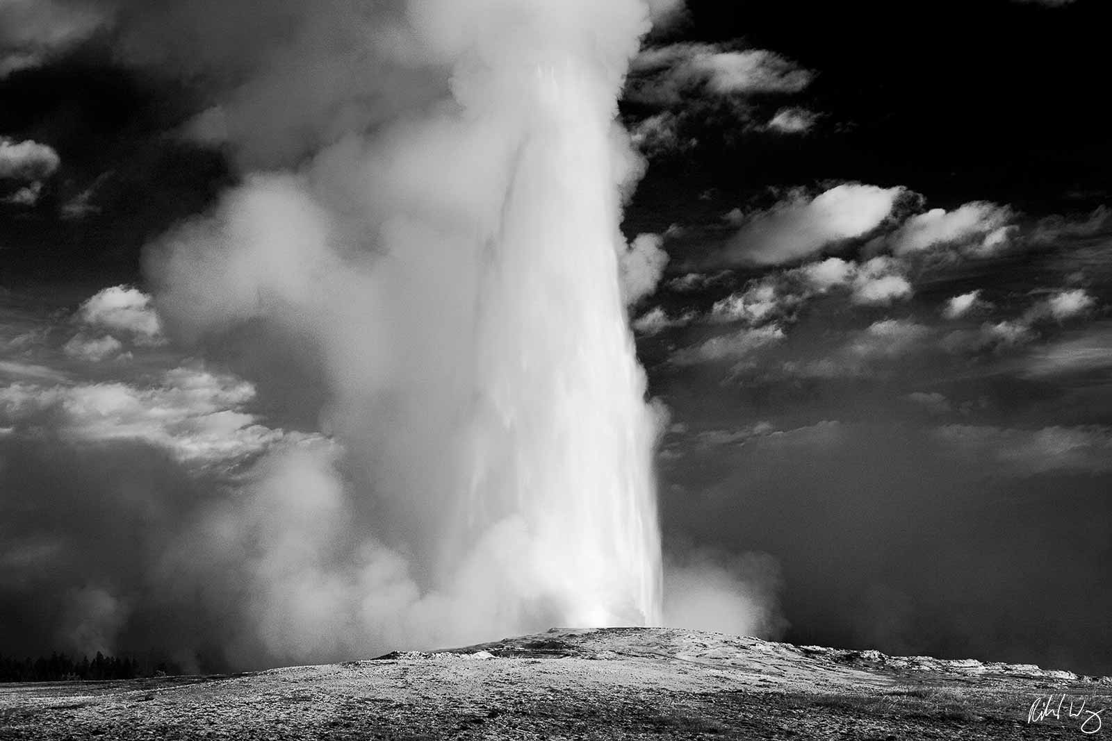 Black and White Photo: Old Faithful Geyser, Yellowstone National Park, Wyoming