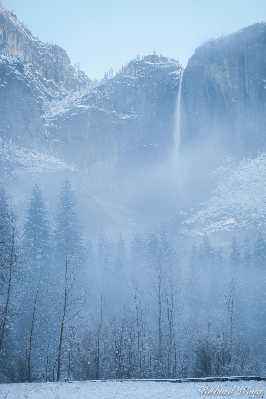 Yosemite Falls on Foggy Spring Morning at Snowstorm, Yosemite National Park, California