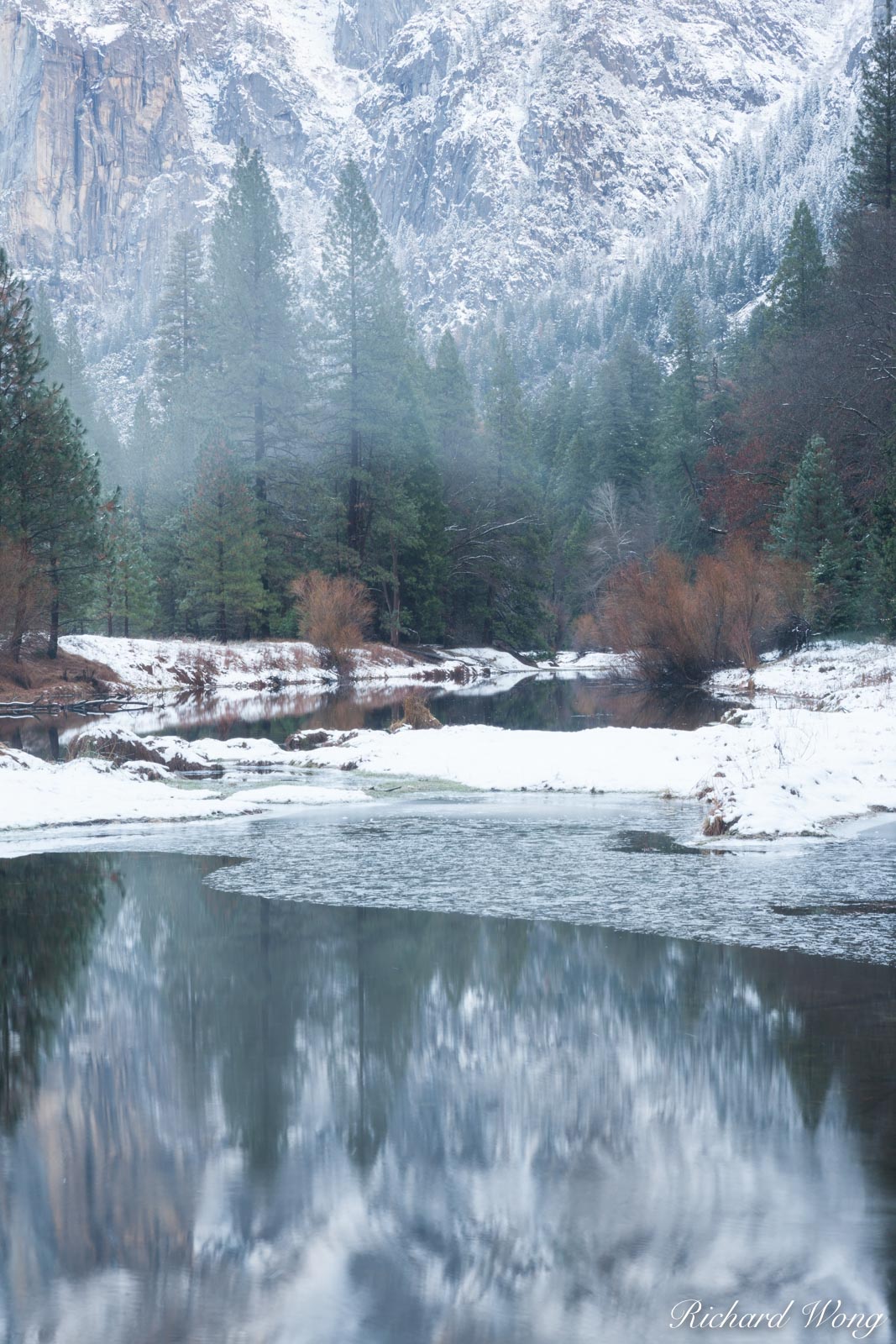 Merced River Foggy Afternoon in Late Fall, Yosemite National Park, California