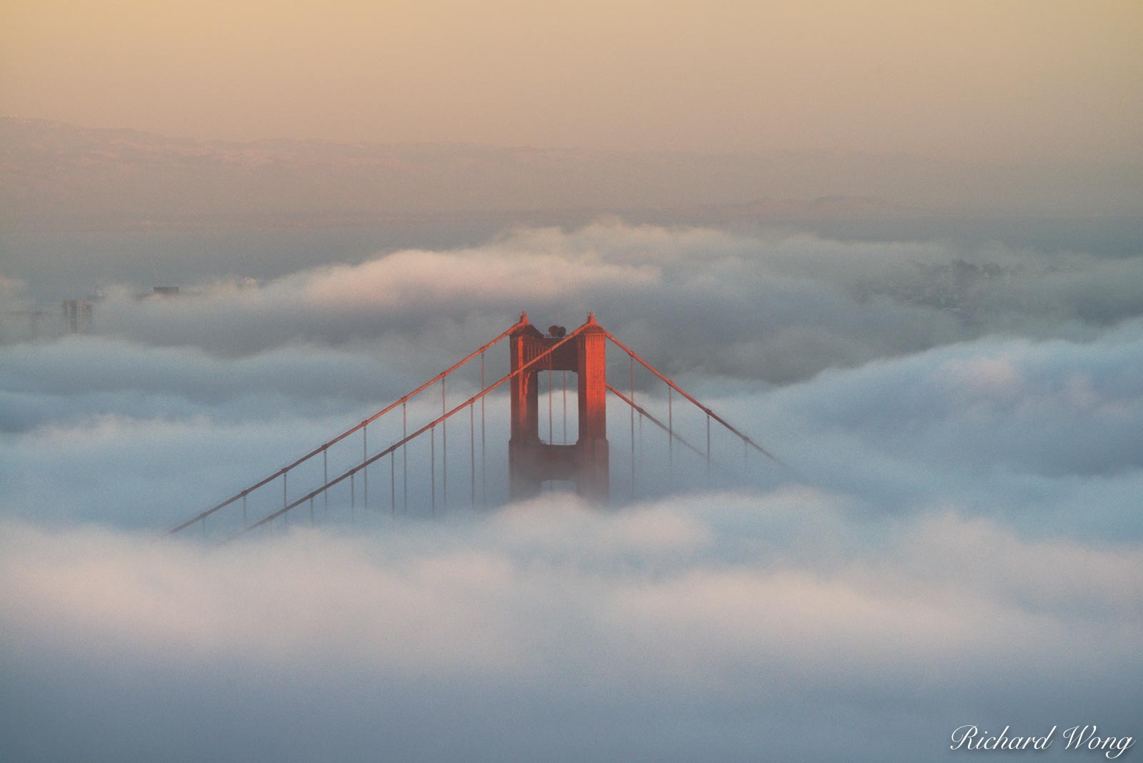 Golden Gate Bridge Foggy Sunset From Hawk Hill, Marin Headlands, California