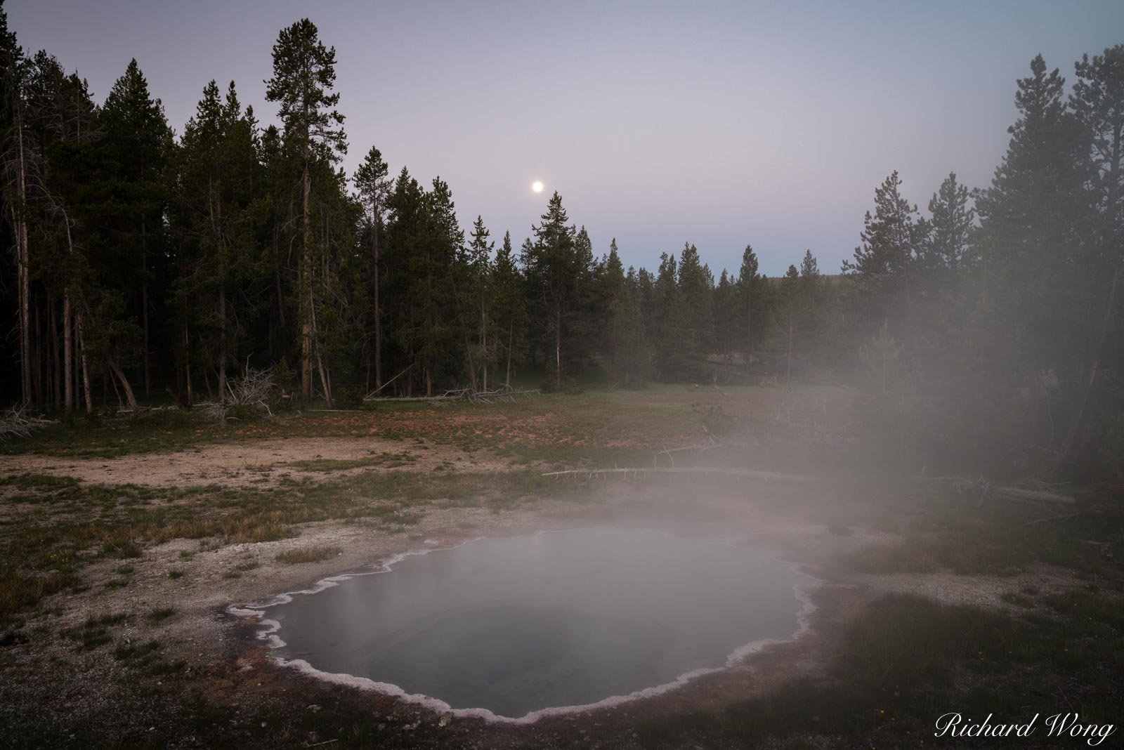 Shield Spring Full Moon at Dawn, Yellowstone National Park, Wyoming
