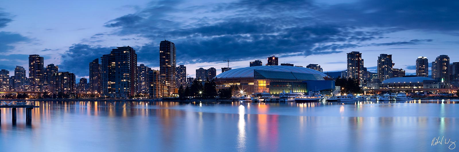 Vancouver Skyline Panoramic and False Creek at Night, British Columbia, Canada