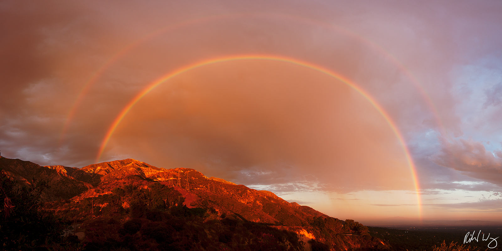 180 Degree Double Rainbow over San Gabriel Mountains Panoramic, Angeles National Forest, California
