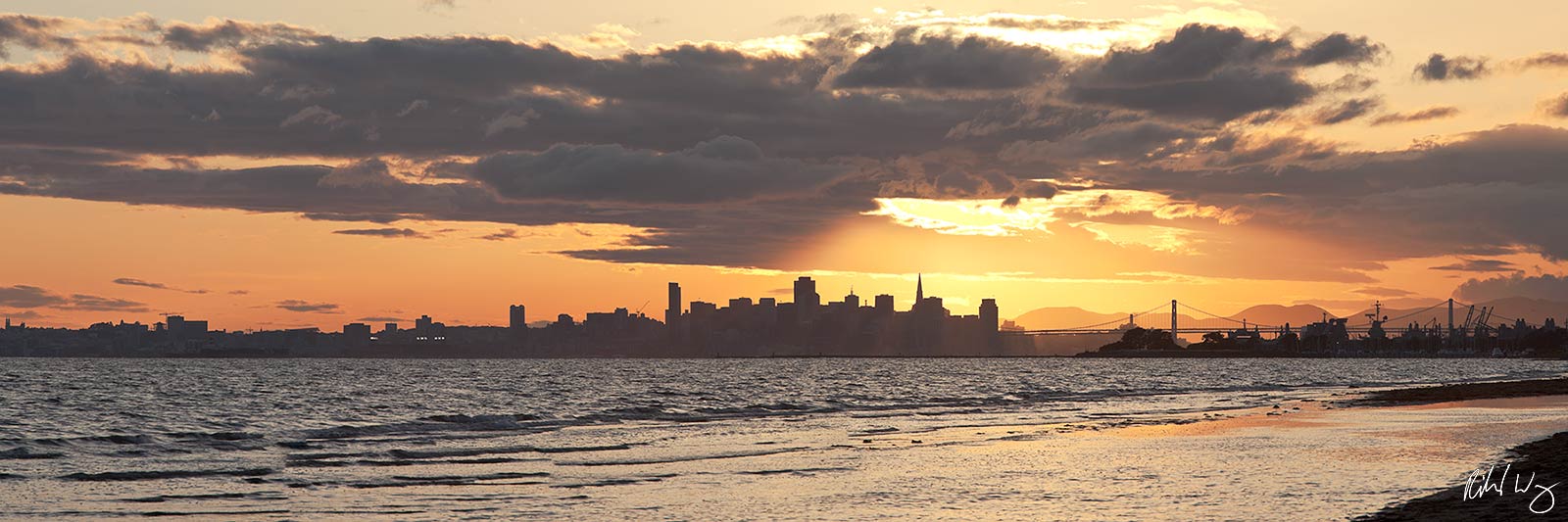 Panoramic Photo of Robert Crown Memorial State Beach Sunset With Downtown San Francisco Skyline in Background, Alameda, California